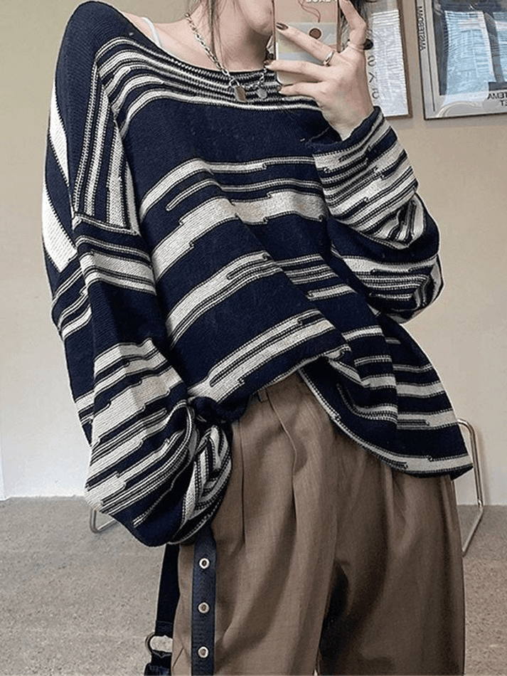 Oversized Stripe Jumper Knit Sweater - AnotherChill