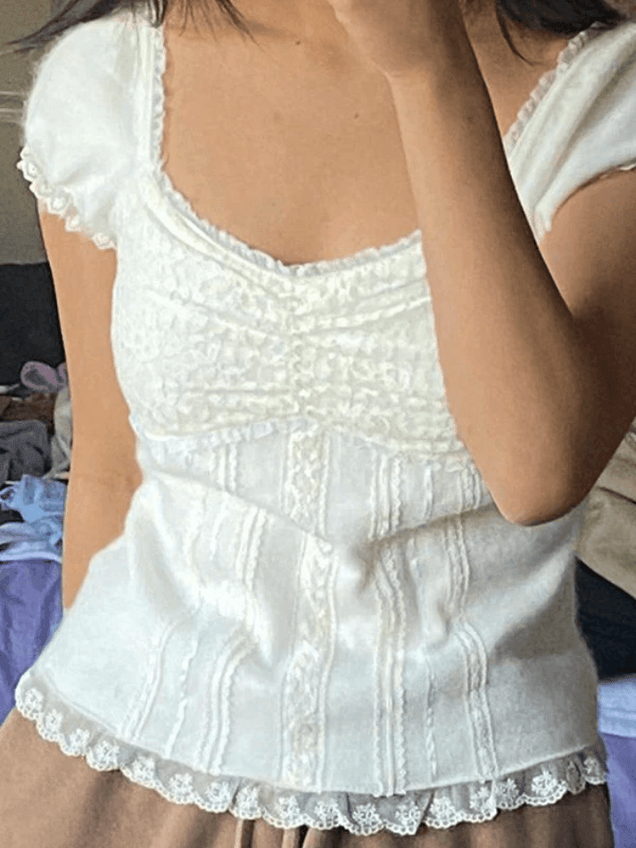 Paneled Lace White Puff Sleeve Blouse - AnotherChill