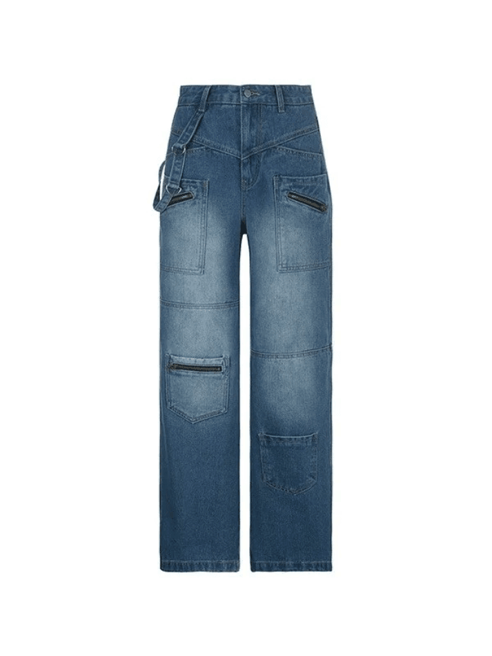 Patchwork Blue Wash Baggy Cargo Jeans - AnotherChill