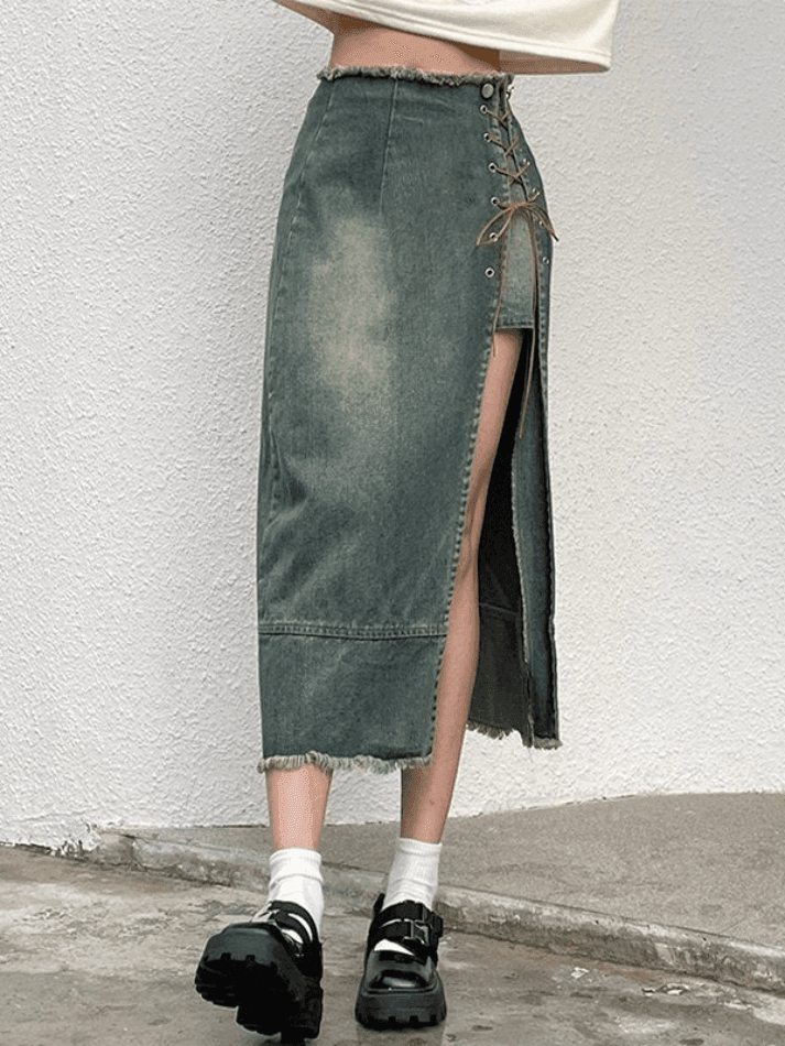 Patchwork Lace Up Split Cargo Denim Skirt - AnotherChill