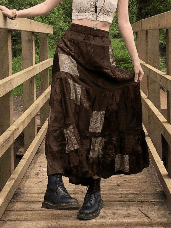 Patchwork Velvet Printed Midi Skirt - AnotherChill