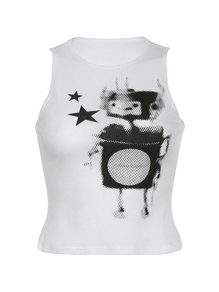 Pixel Robot Star White Cropped Tank Top - AnotherChill