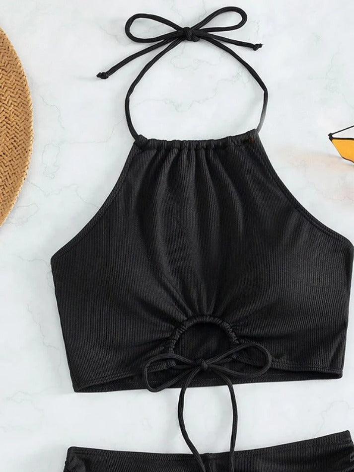 Plain Strappy Smocked Cutout Bikinis - AnotherChill