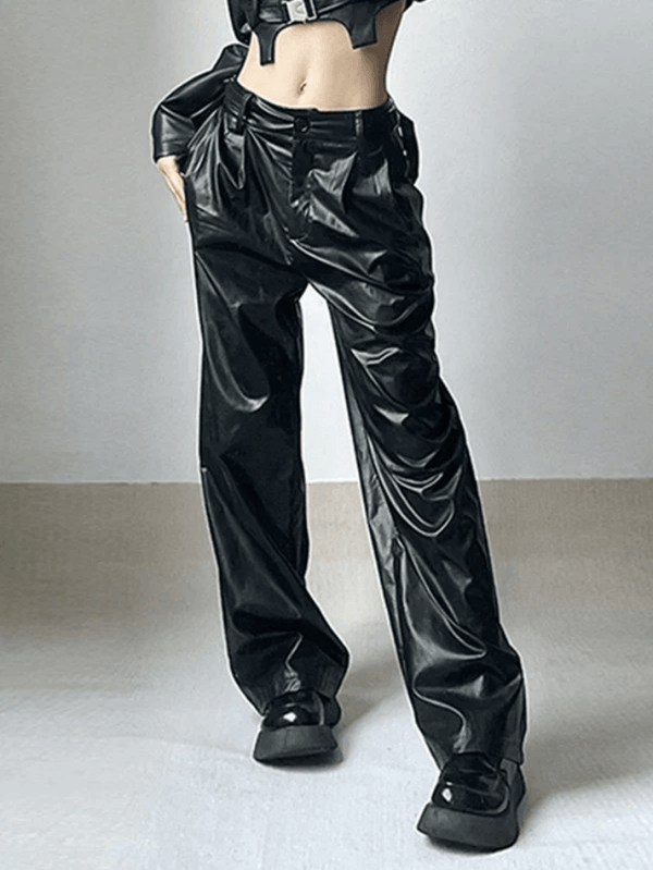 Pleated Black Faux Leather Pants - AnotherChill
