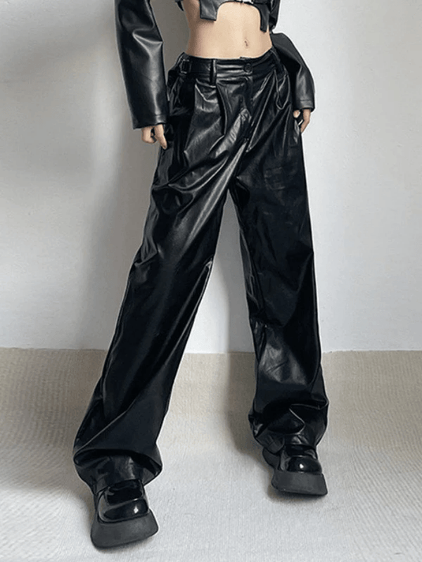 Pleated Black Faux Leather Pants - AnotherChill