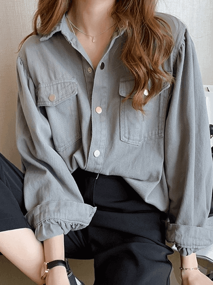 Pleated Oversized Long Sleeve Blouse - AnotherChill