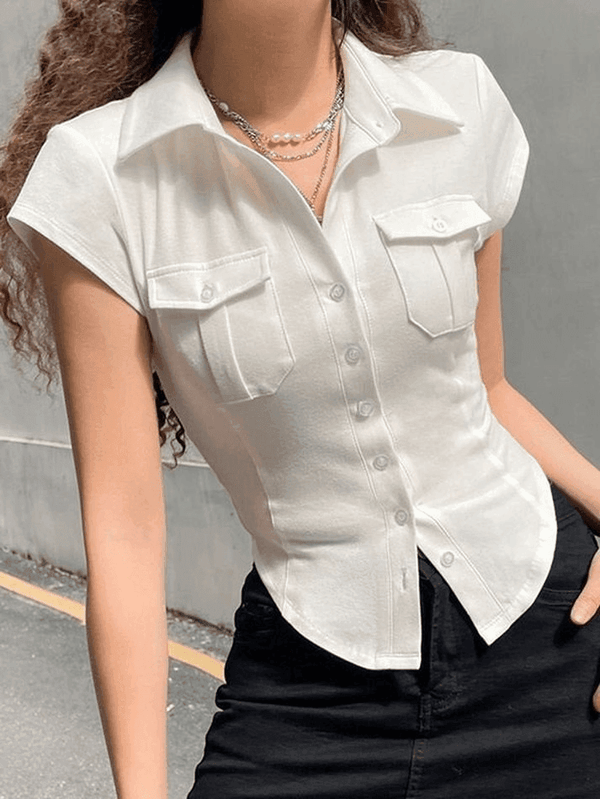 Pocket Button Down Cropped Blouse - AnotherChill