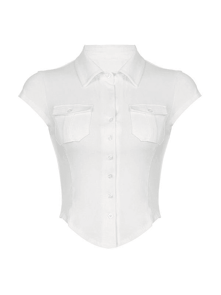 Pocket Button Down Cropped Blouse - AnotherChill