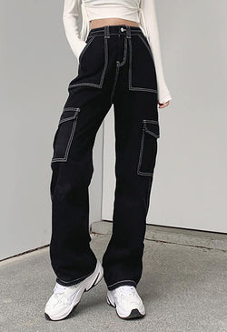 Pocket Stitched High Waist Cargo Jeans - AnotherChill