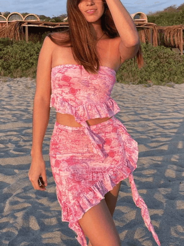Printed Ruffled Top And Skirt Twopiece - AnotherChill