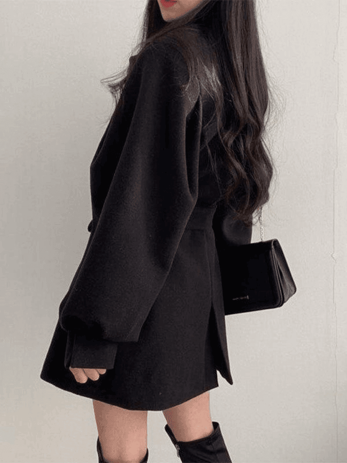 Puff Sleeve Belted Woolen Coat - AnotherChill