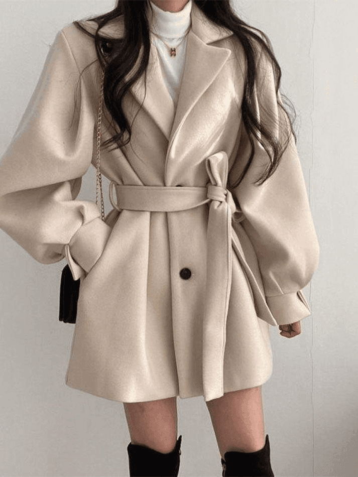 Puff Sleeve Belted Woolen Coat - AnotherChill