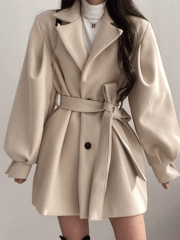 Puff Sleeve Belted Woolen Coat - AnotherChill