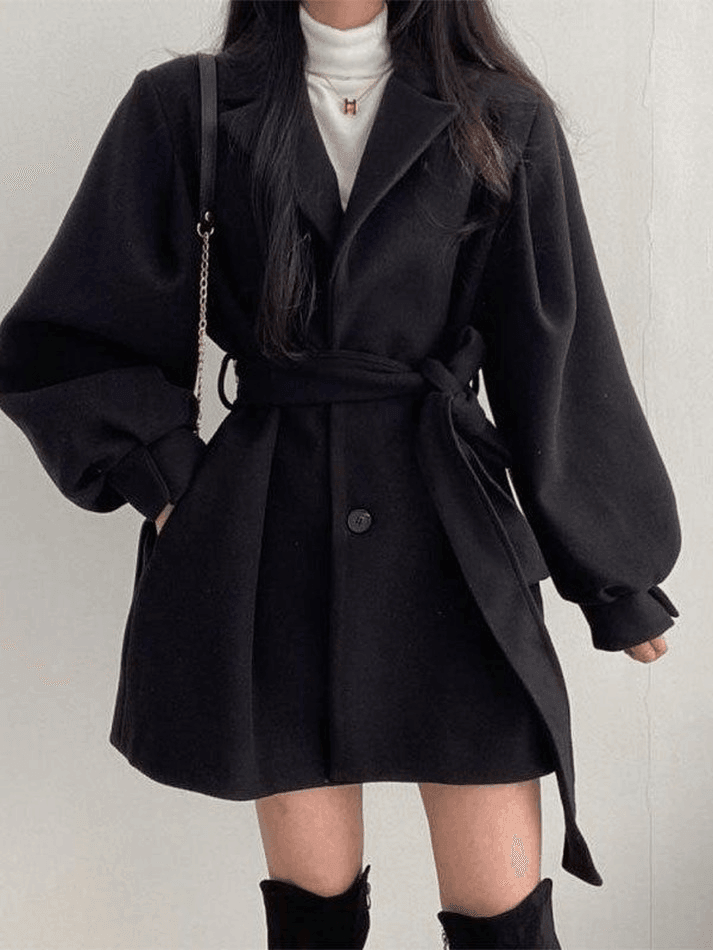 Puff Sleeve Belted Woolen Coat - AnotherChill