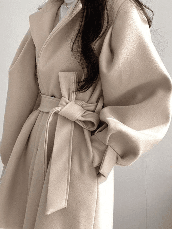 Puff Sleeve Belted Woolen Coat - AnotherChill