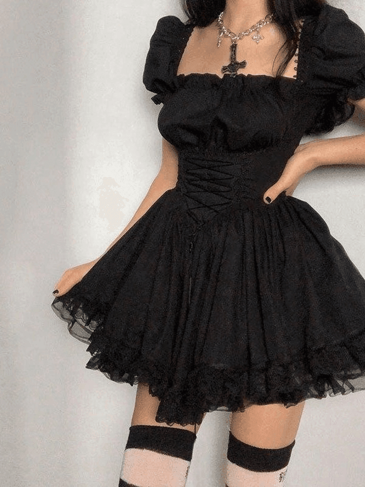 Puff Sleeve Corset Tie Mini Dress - AnotherChill