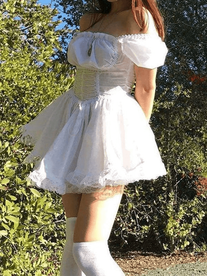 Puff Sleeve Corset Tie Mini Dress - AnotherChill