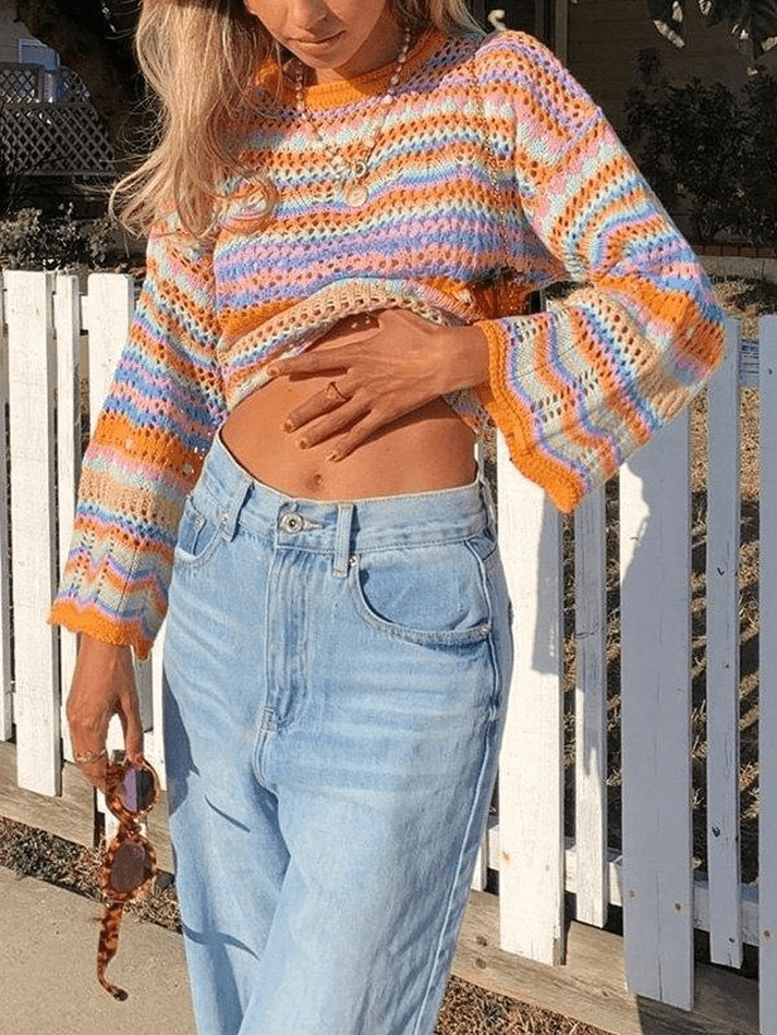 Rainbow Stripe Crochet Knit Sweater - AnotherChill