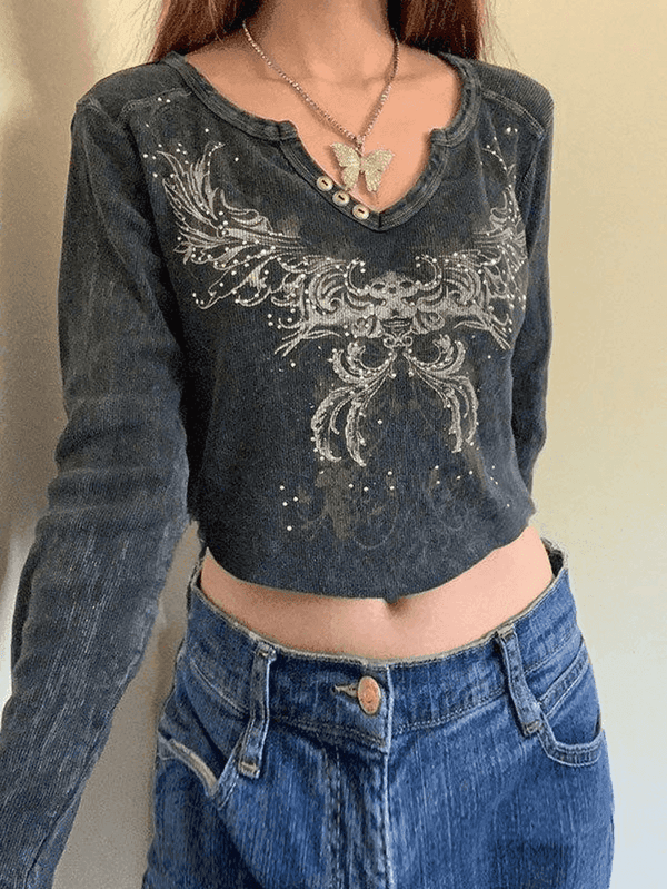 Rhinestone Detail Long Sleeve Crop Top - AnotherChill