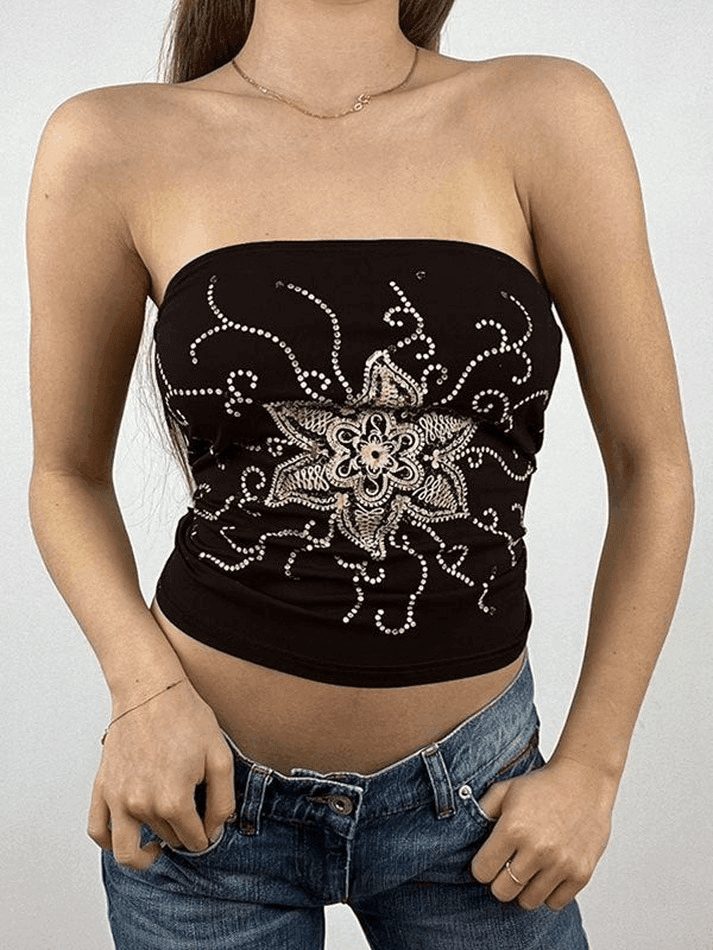 Rhinestone Floral Bandeau Top - AnotherChill