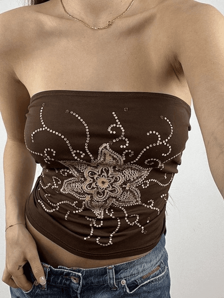 Rhinestone Floral Bandeau Top - AnotherChill