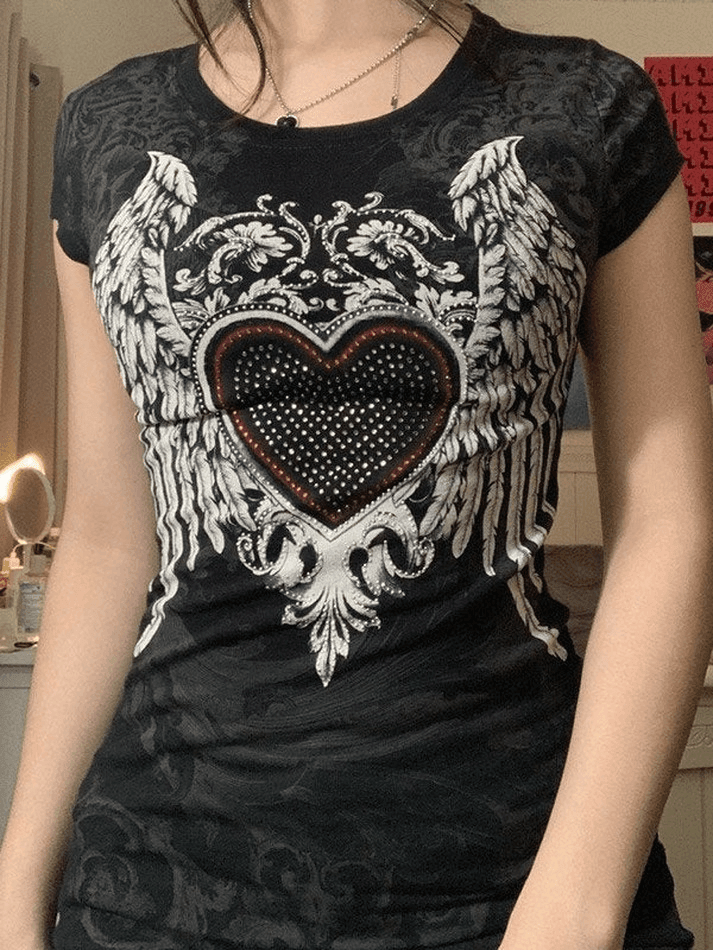 Rhinestone Heart Fairy Wing Graphic Tee - AnotherChill