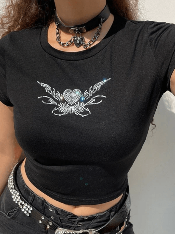 Rhinestone Heart Wing Pattern Crop Top - AnotherChill