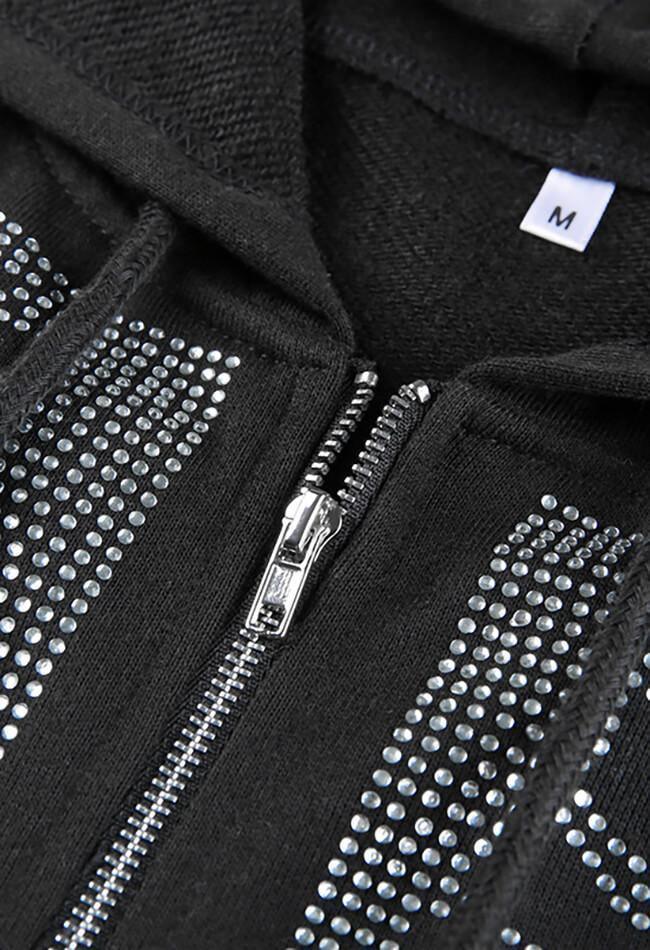 Rhinestone Skull Zipper Hoodie - AnotherChill