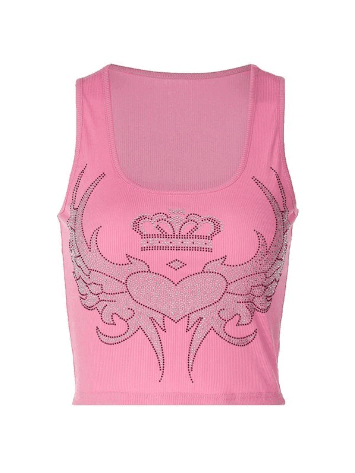 Rhinestone Winged Heart Ribbed Cropped Tank Top - AnotherChill