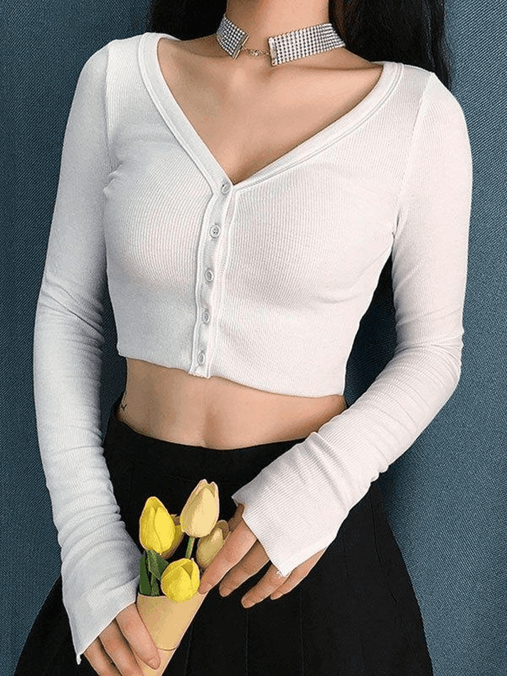 Ribbed Long Sleeve Button Crop Top - AnotherChill