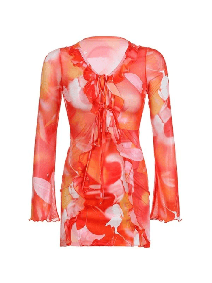 Ruffle Tie Front Mesh Long Sleeve Mini Dress - AnotherChill