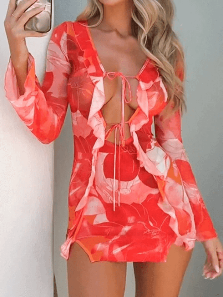 Ruffle Tie Front Mesh Long Sleeve Mini Dress - AnotherChill