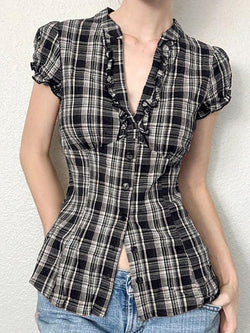 Ruffled Button-Up Puff Sleeve Plaid Top - AnotherChill