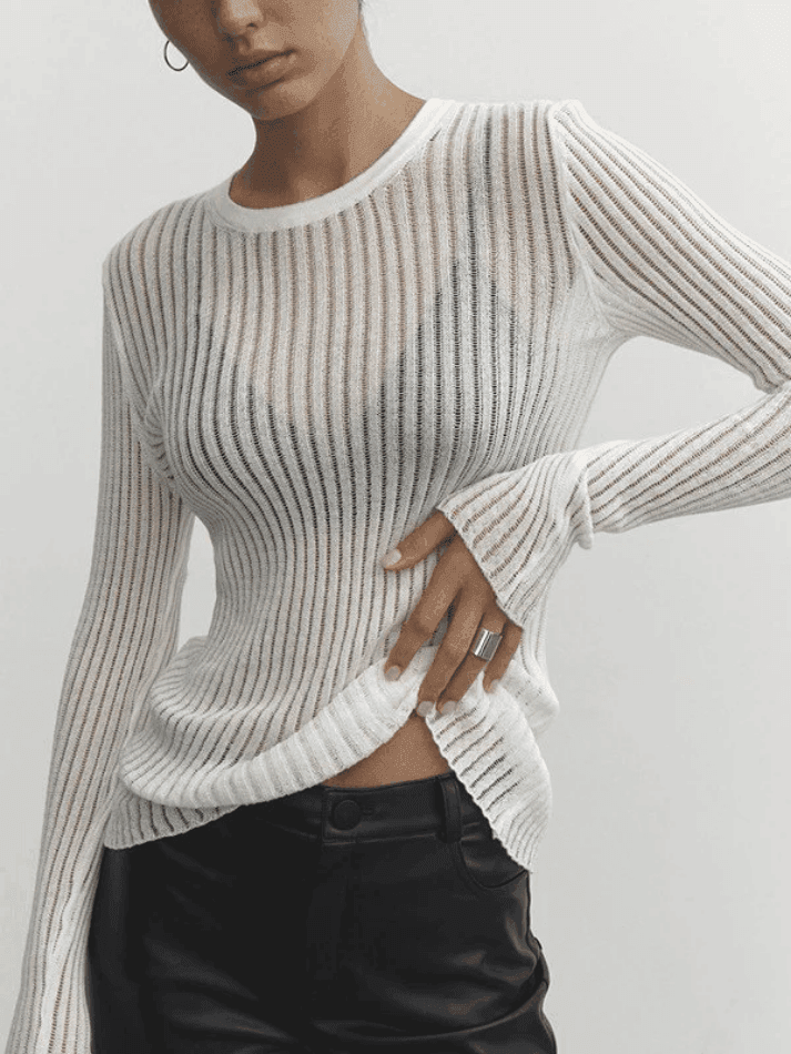 See Through Long Sleeve Ribbed Knit Top - AnotherChill