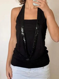 Sequin Halter Faux Two-Piece Tank Top - AnotherChill