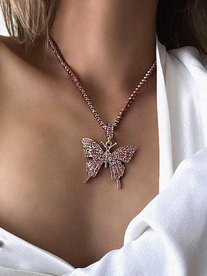 Shiny Rhinestone Butterfly Pendant Necklace - AnotherChill