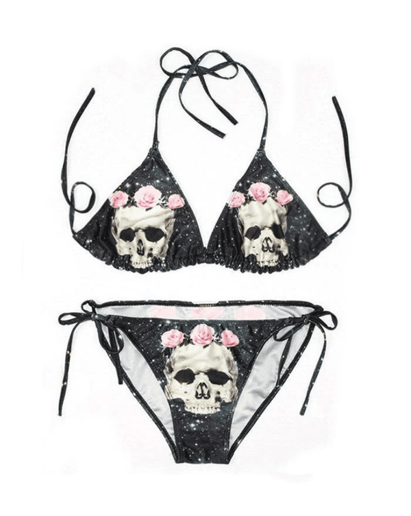 Skull Rose Printed Halter Triangle Bikini Set - AnotherChill