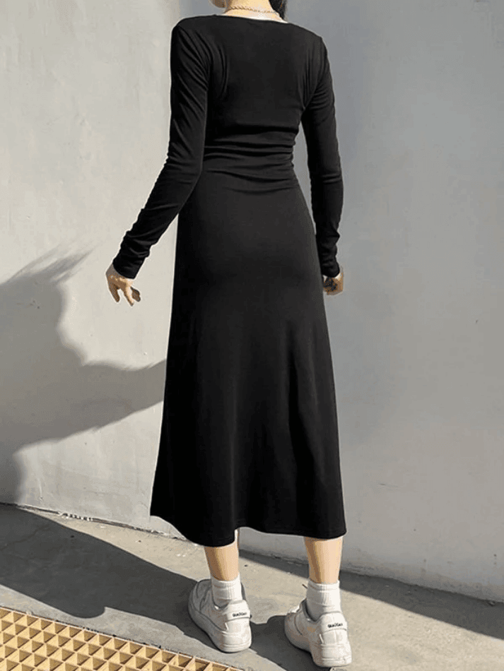 Slit Velvet Long Sleeve Black Maxi Dress - AnotherChill