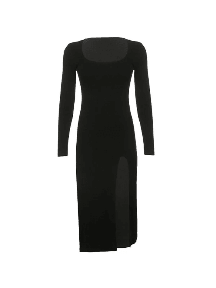 Slit Velvet Long Sleeve Black Maxi Dress - AnotherChill