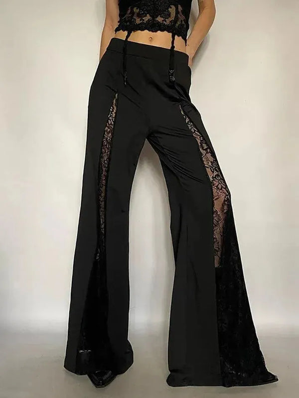 Solid Color Lace Trim Flared Pants - AnotherChill