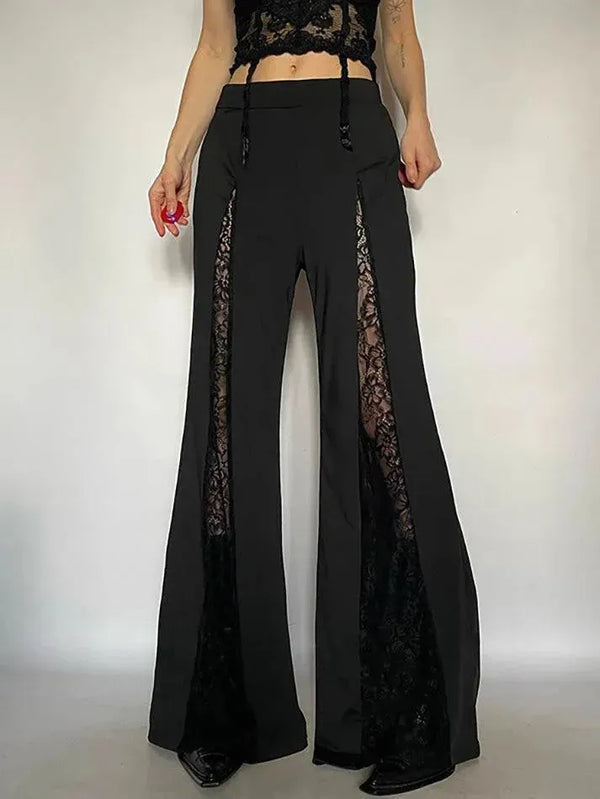 Solid Color Lace Trim Flared Pants - AnotherChill