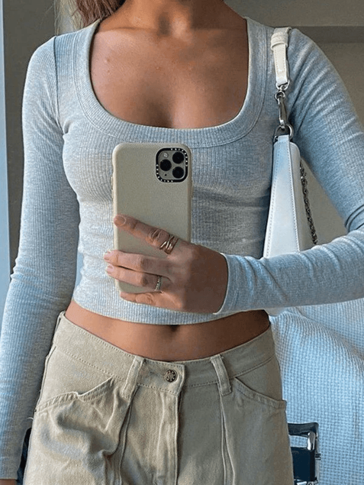 Solid Color Long Sleeve Knit Crop Top - AnotherChill