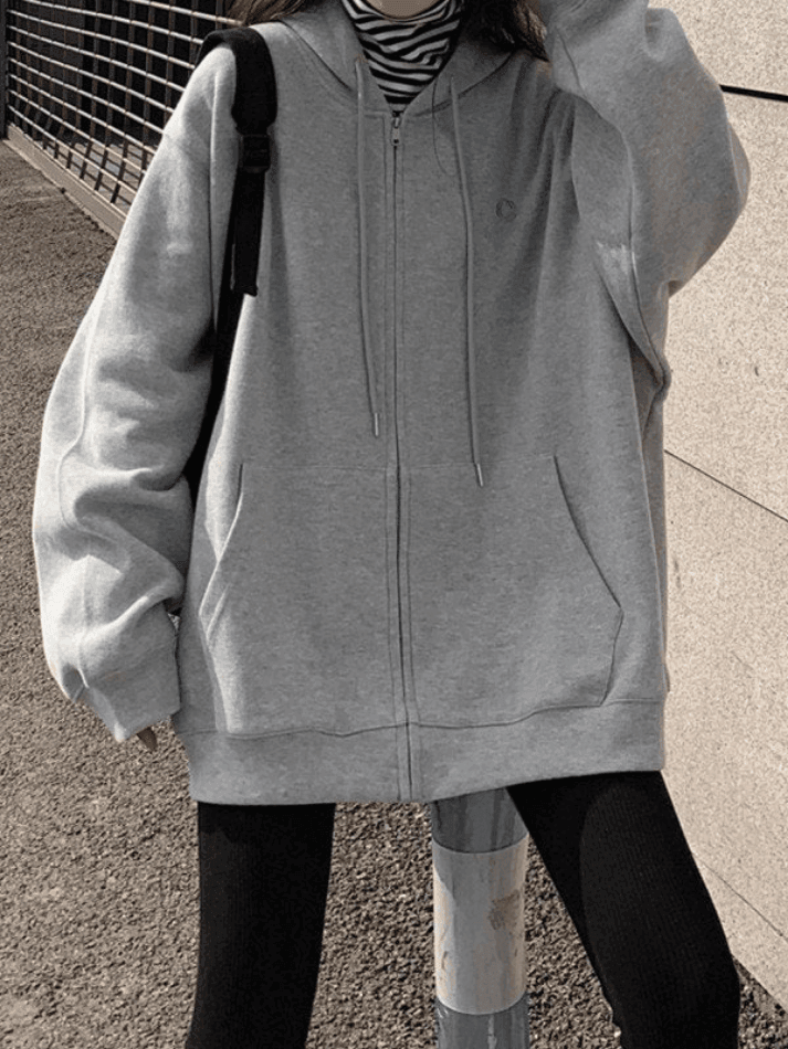 Solid Color Oversized Zip Up Hoodie - AnotherChill