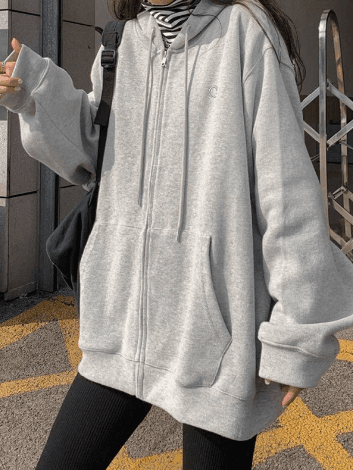 Solid Color Oversized Zip Up Hoodie - AnotherChill