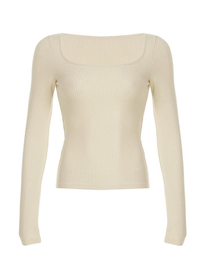 Solid Color Square Neck Ribbed Long Sleeve Top - AnotherChill