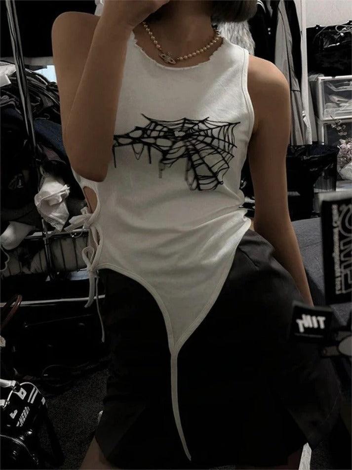 Spider Web Print Cutout Lace Up Tank Top - AnotherChill