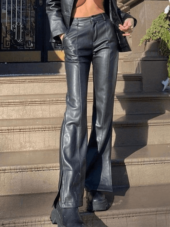 Split Flare Leg Pu Leather Pants AnotherChill