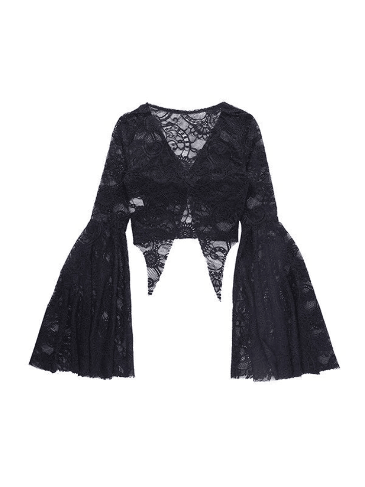 Split Lace Cropped Long Sleeve Blouse - AnotherChill