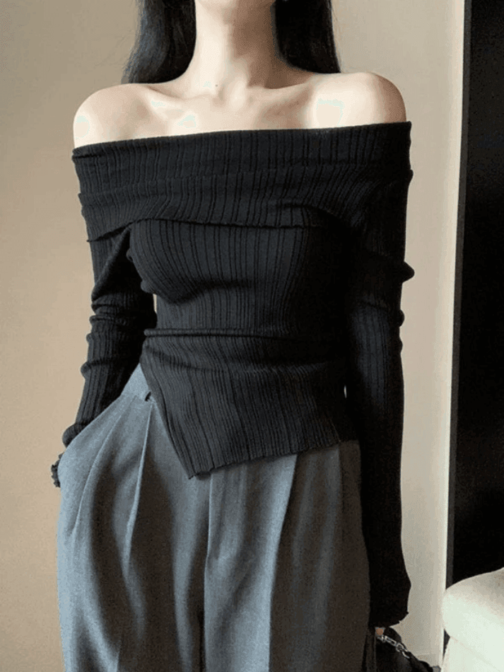 Split Off Shoulder Ribbed Knit Top - AnotherChill