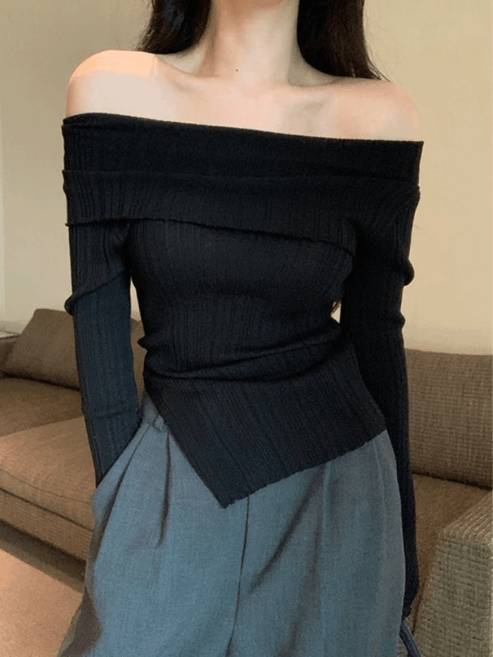 Split Off Shoulder Ribbed Knit Top - AnotherChill